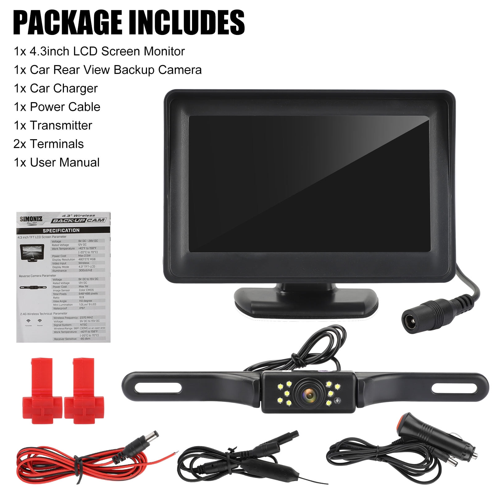 Tsv Wireless Backup Camera Monitor Kit 4 3inch Hd 1080p Ip67 Waterproof License Plate Reverse Rear View Backup Car Camera With 9 White Led Lights Super Night Vision Rear View For Cars Suvs
