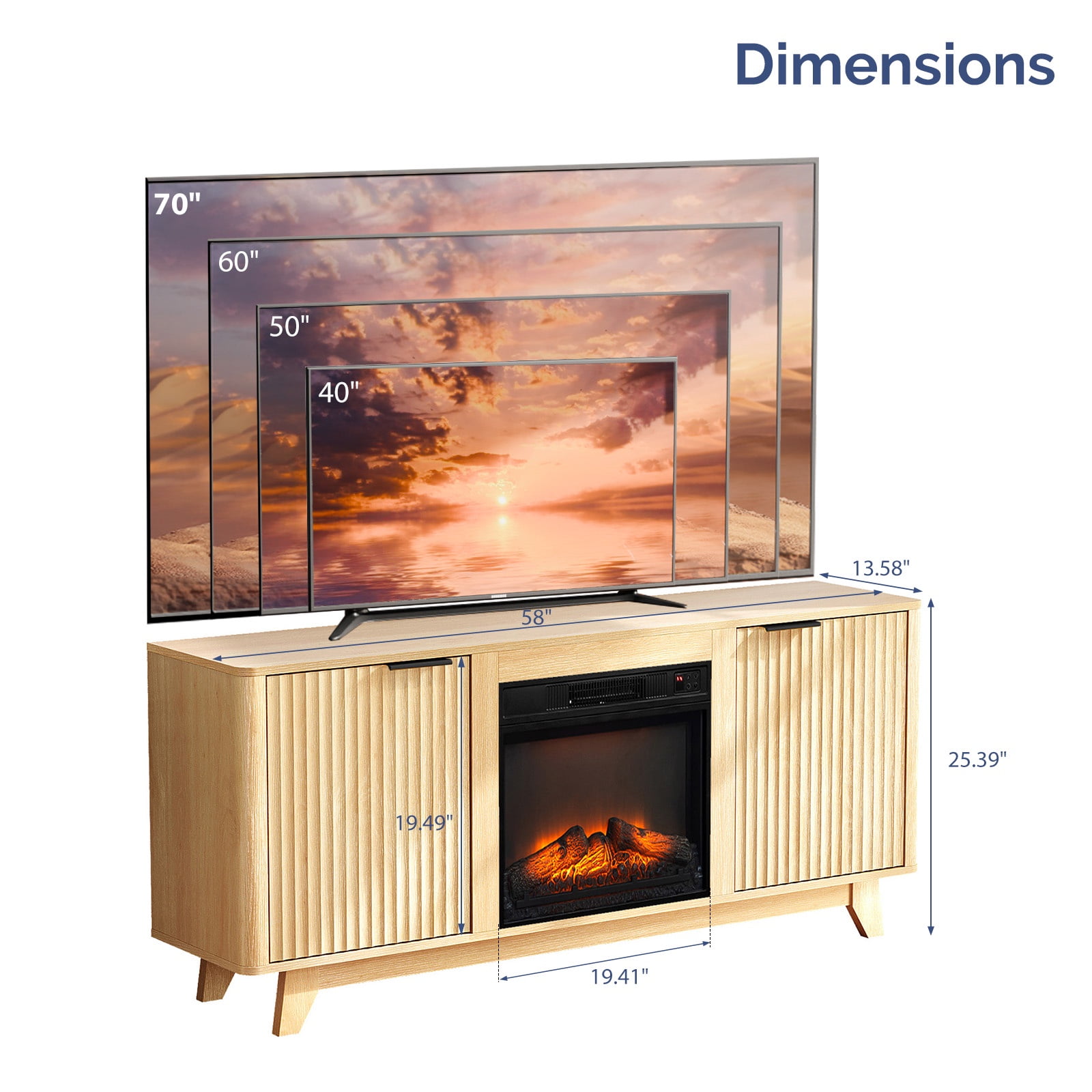Paproos Fireplace TV Stand for TVs up to 70", 58’’ Modern Fluted TV Console with 19" Electric Fireplace, Entertainment Center with Doors, Media Console Table for Living Room, Oak