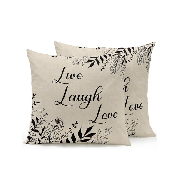 Outdoor Pillows Waterproof, Beige Black Botanical Bedding Throw Pillows with Insert for Couch Sofa Bed, Farmhouse Laugh Love Leaves 16x16 Inch Pillowcases Decorative Camping Patio Pillow Set of 2