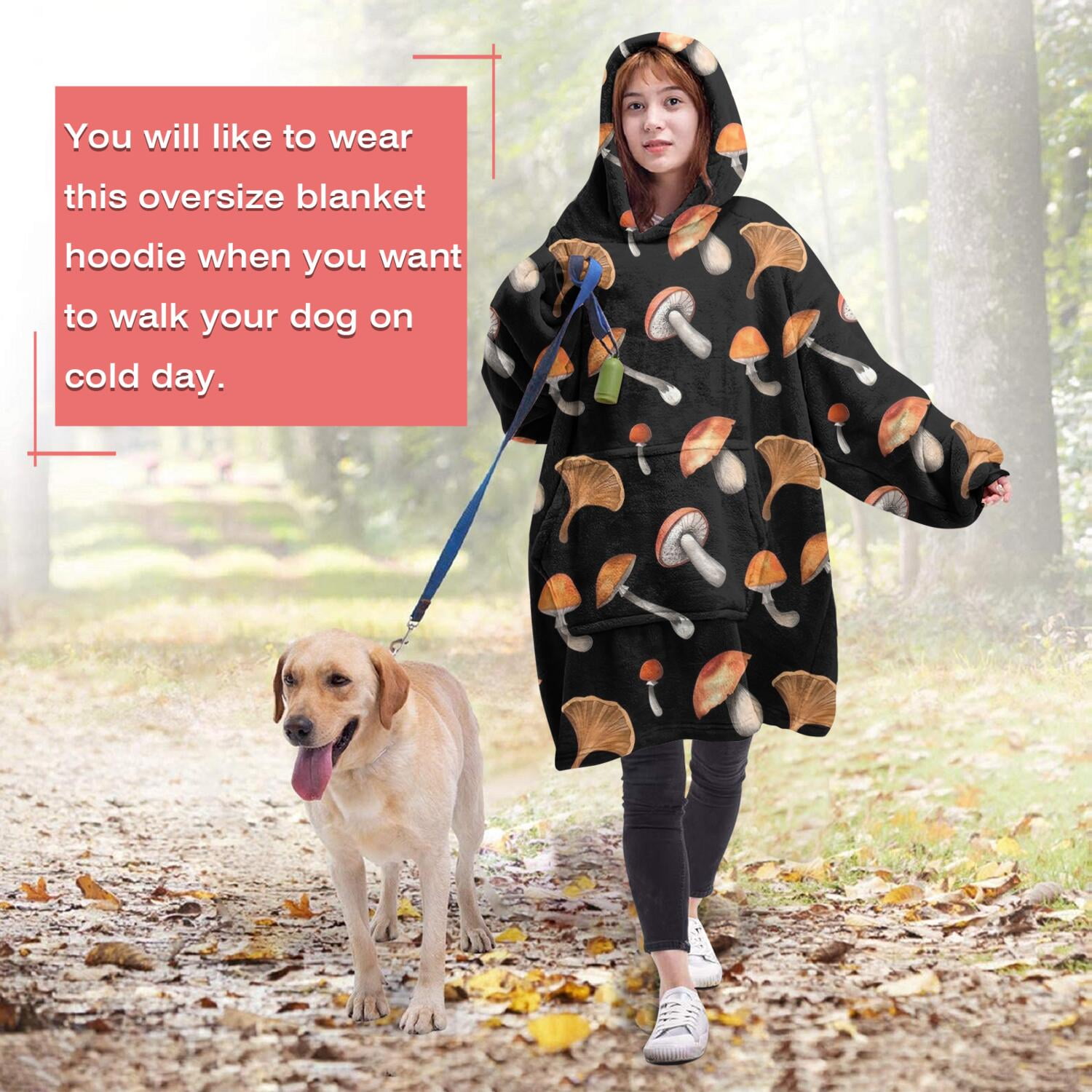Brown Mushroom Pattern Black Pattern Wearable Oversized Blanket,Wearable Blanket Hoodie for Adults,Cozy Hooded Blankets with Super Pockets,Super Warm Fuzzy Pullover for Women & Men