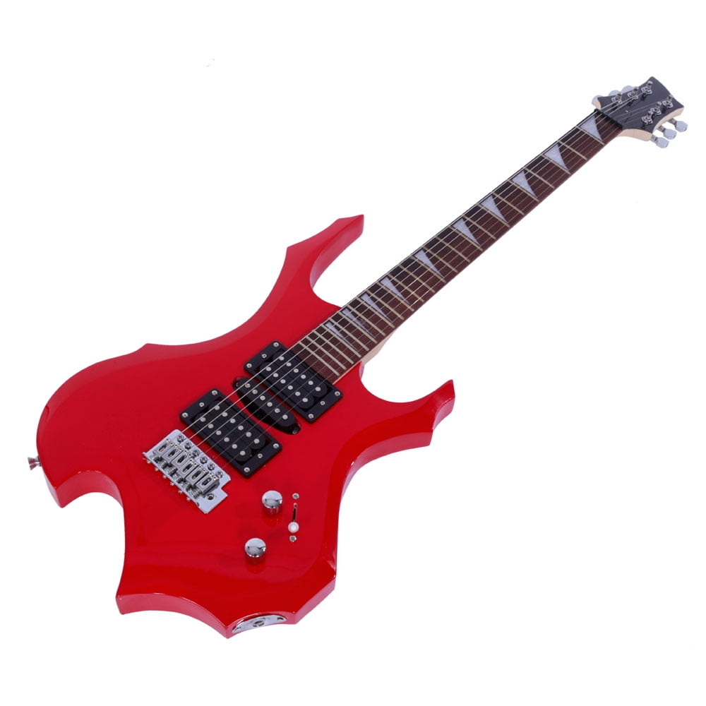 Private Jungle Novice Flame Shaped Electric Guitar, 6 String Beginners Guitar with Carrying Bag, Red