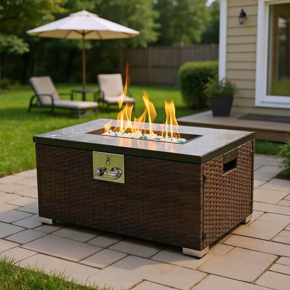 Demifill Propane Fire Pit Table, Rattan Gas Fire Table, Gas Fire Table with Tile Tabletop for Outdoor Camping, Dark Brown