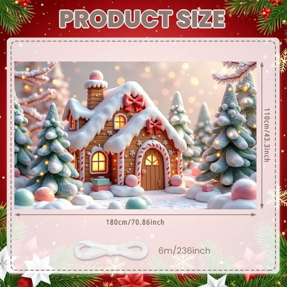 Gingerbread Theme Christmas Banner Snowflake Design Holiday Banner Candy Cane Decor Red Bow Accent Winter Banner for Christmas Party Winter Celebration Holiday Decoration