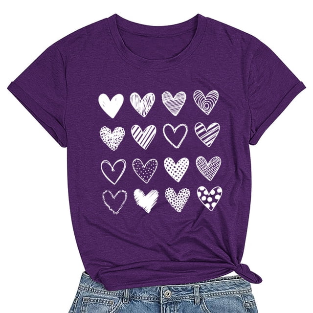 Meichang T-Shirts pour Femmes de la Saint-Valentin, T-Shirts Graphiques Mignons avec Cœur, Manches Courtes, Col Rond, Coupe Ample, T-Shirts de Fête, Cadeaux de la Saint-Valentin