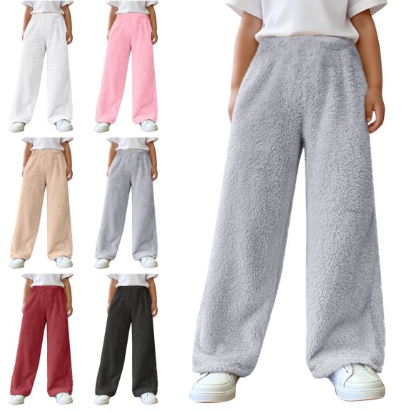 Teylalorva Girls Sweatpants (4-15) Double Sided Fleece Lounge Pants with Side Pockets Elastic Waist Warm Casual Home Wear Gray Size 4-5Years