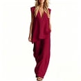 thumbnail image 2 of Womens Cotton Linen 2 Piece Outfits Summer Casual V Neck Sleeveless Tops Wide Leg Long Pants Casual Set with Pockets, 2 of 7