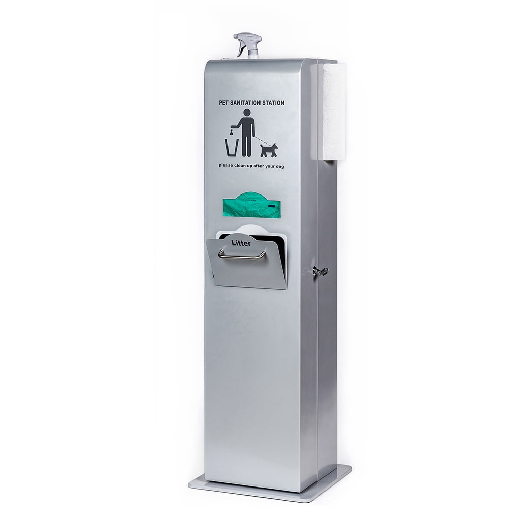 Indoor Dog Waste and Sanitation Station - Includes Built-in Bag Dispenser, Enclosed Trash Bin, Paper Towel Holder, Spray Bottle