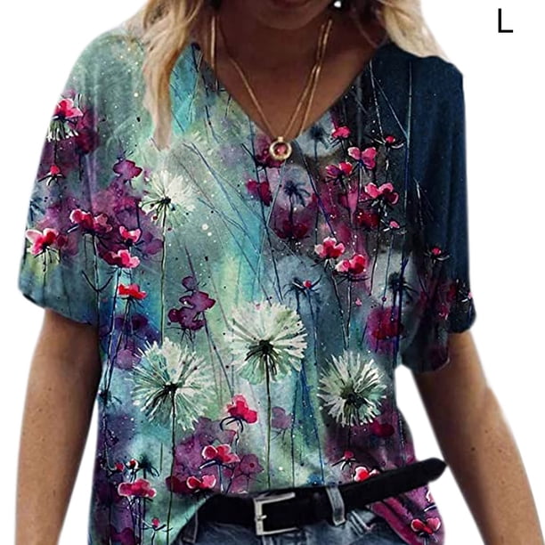 Camiseta de mujer con estampado floral, manga corta, cuello en V, blusa de playa, azul marino, L Eigraketly AP002484-13