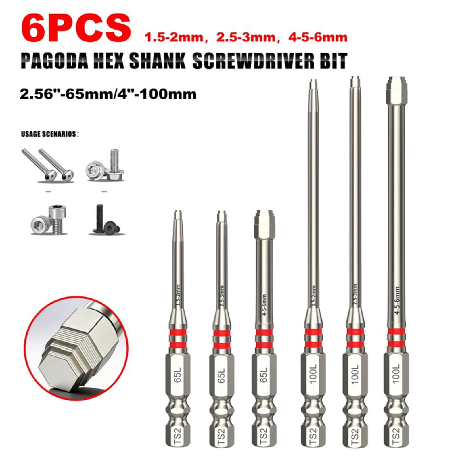 1.5mm-6mm Pagoda Shaped Drill Bit, 6-Piece Screwdriver Bit Set, Magnetic Hex Shank Pagoda Screwdriver Drill Bits, Anti-Slip Impact Tough Power Bits for Electric Drills & Wrenches