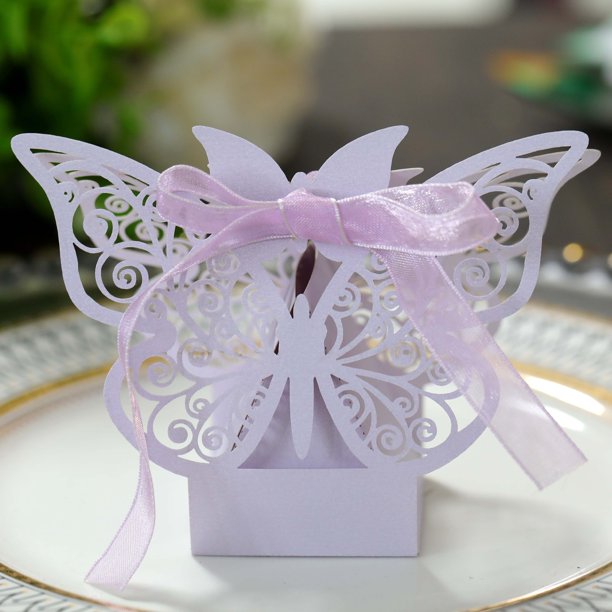 Cajas de papel con forma de mariposa recortadas con láser en color rosa para bombones y bodas, 50 unidades