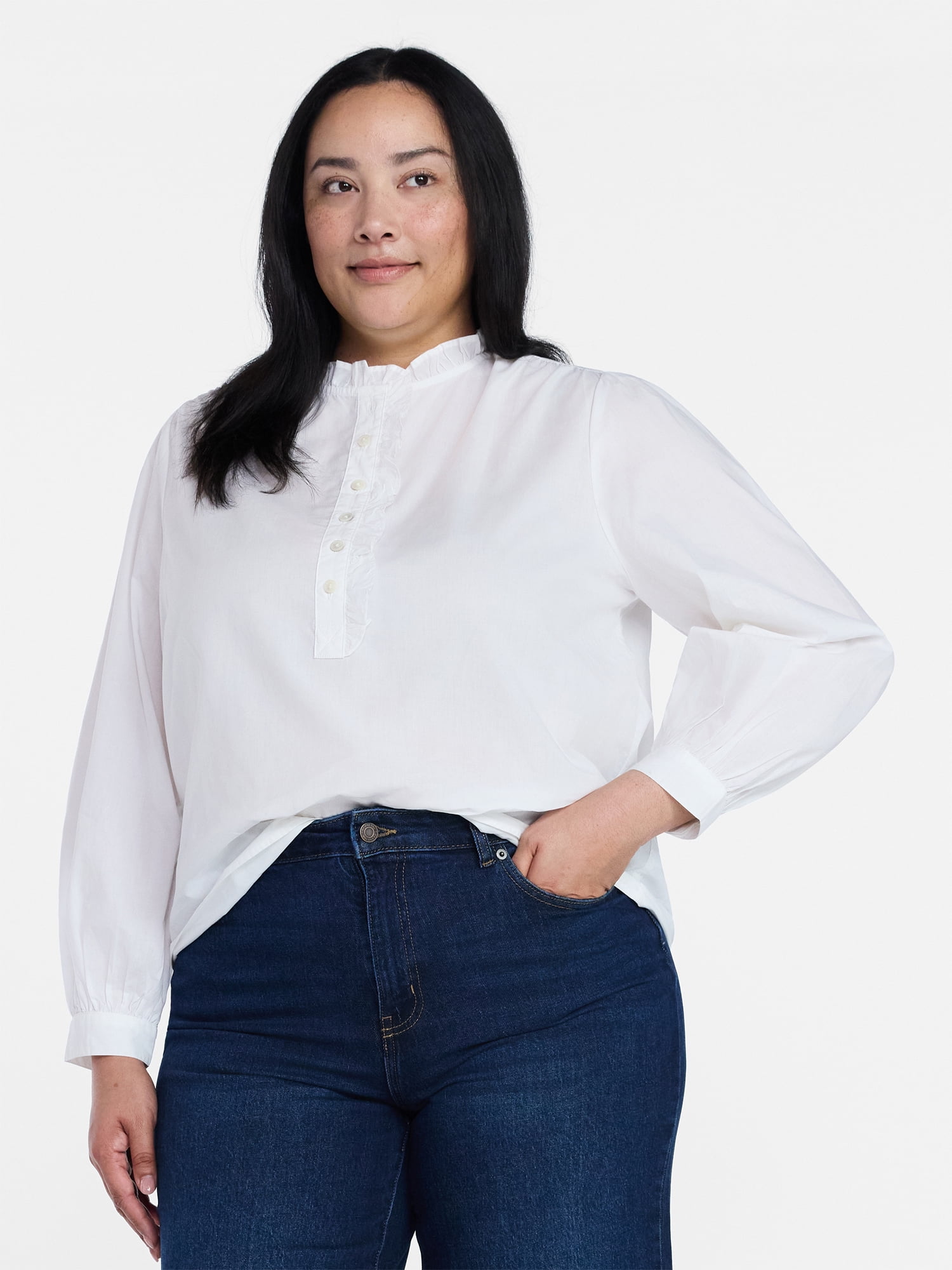 Time and Tru Women's Long Sleeve Ruffle Neck Button Down Top, Sizes XS-XXXL