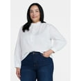 thumbnail image 2 of Time and Tru Women's Ruffle Neck Button Front Cotton Shirt with Long Sleeves, Sizes XS-XXXL, 2 of 6