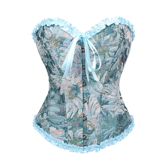 KHONTS Women's Lace up Corset Top Retro Floral Printed Overbust Body Shaper Bustier Corsets Sky Blue XS