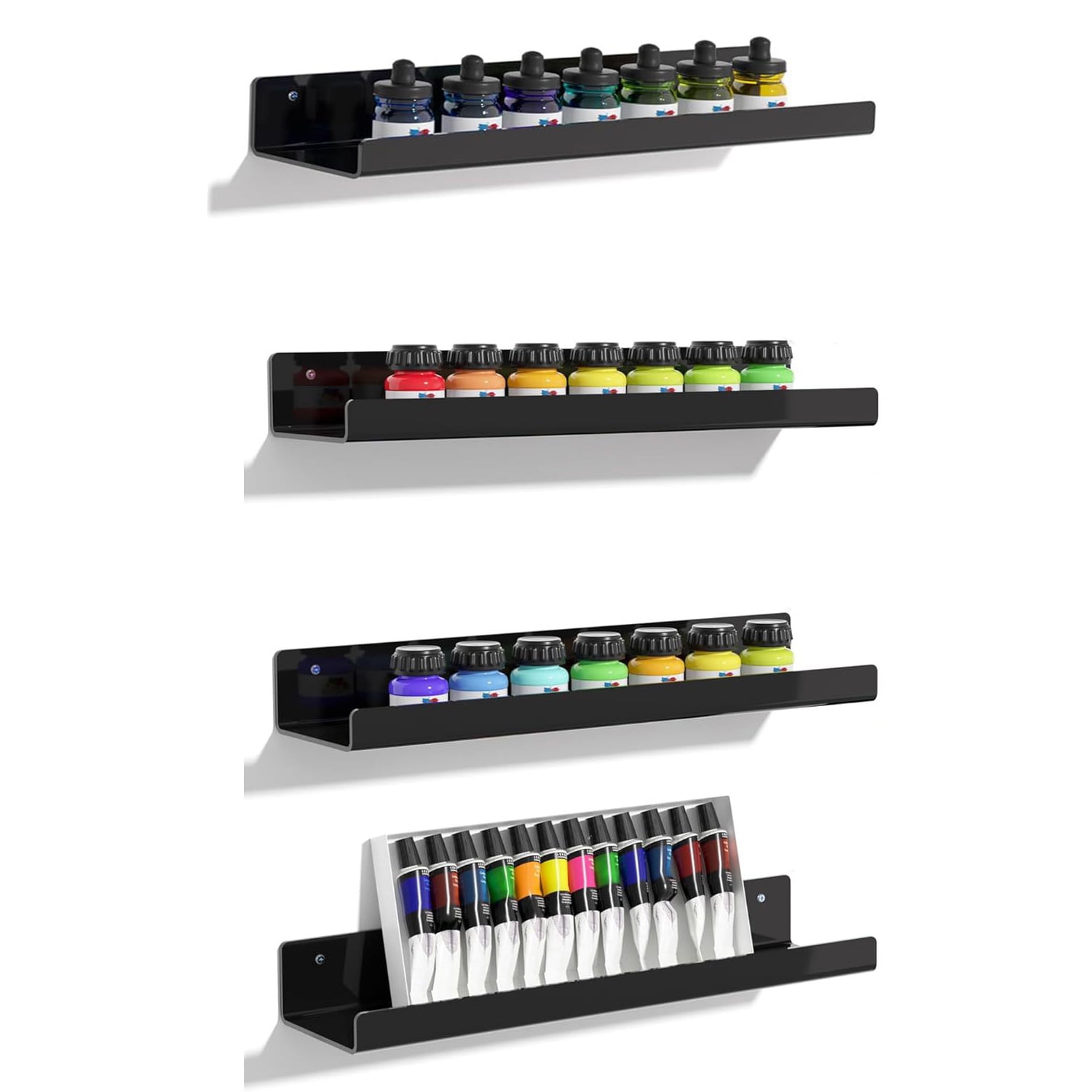 Set of 4 Wall Shelf Wall-Mounted 15" Black Acrylic Floating Shelves W/Guardrail, Nail Care Kit Holder
