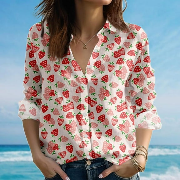 Strawberry Pattern Blouse Shirt, Coquette Style Fruit Women Shirt, Pink Button Women Shirt, Nature Lovers Casual Shirt, Gift For Her