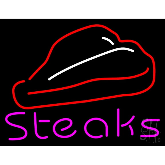 Steak Logo Pink LED Neon Sign 15 x 19 - inches, Clear Edge Cut Acrylic Backing, with Dimmer - Bright and Premium built indoor LED Neon Sign for restaurant window and interior decor.