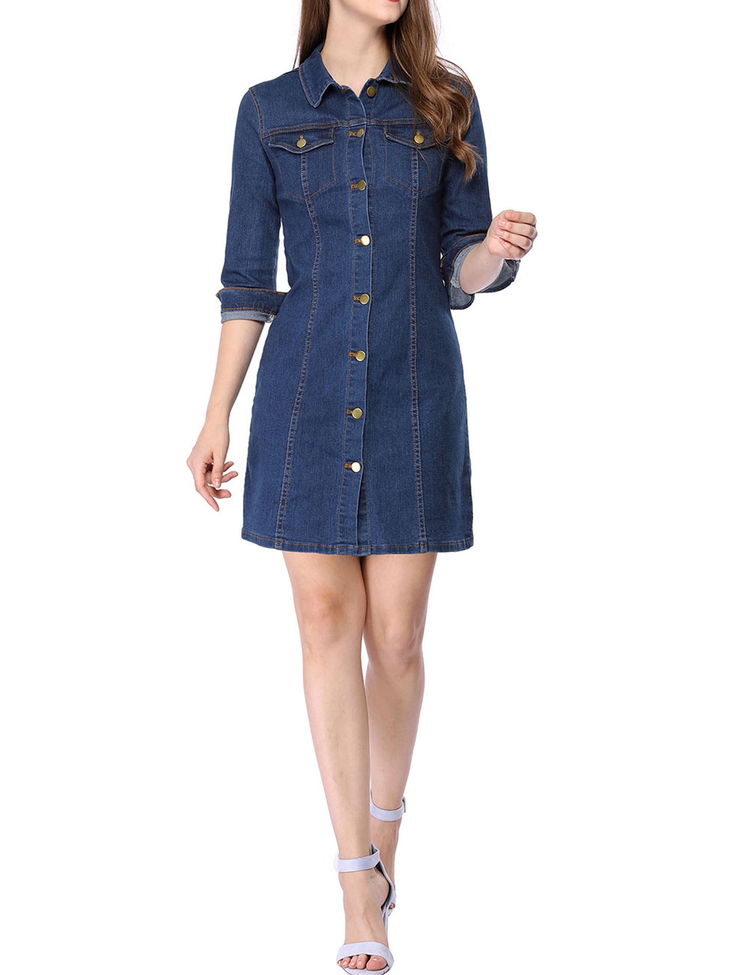 DARING DIVA 3/4 Sleeve Button Down Denim Shirt Dress L Blue