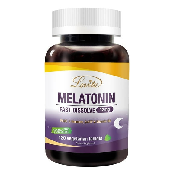 Lovita Melatonin 12mg Fast Dissolve Tablets, with Vitamin B6, L-Theanine, and 5-HTP for Sleep Support – 120 Vegetarian Tablets