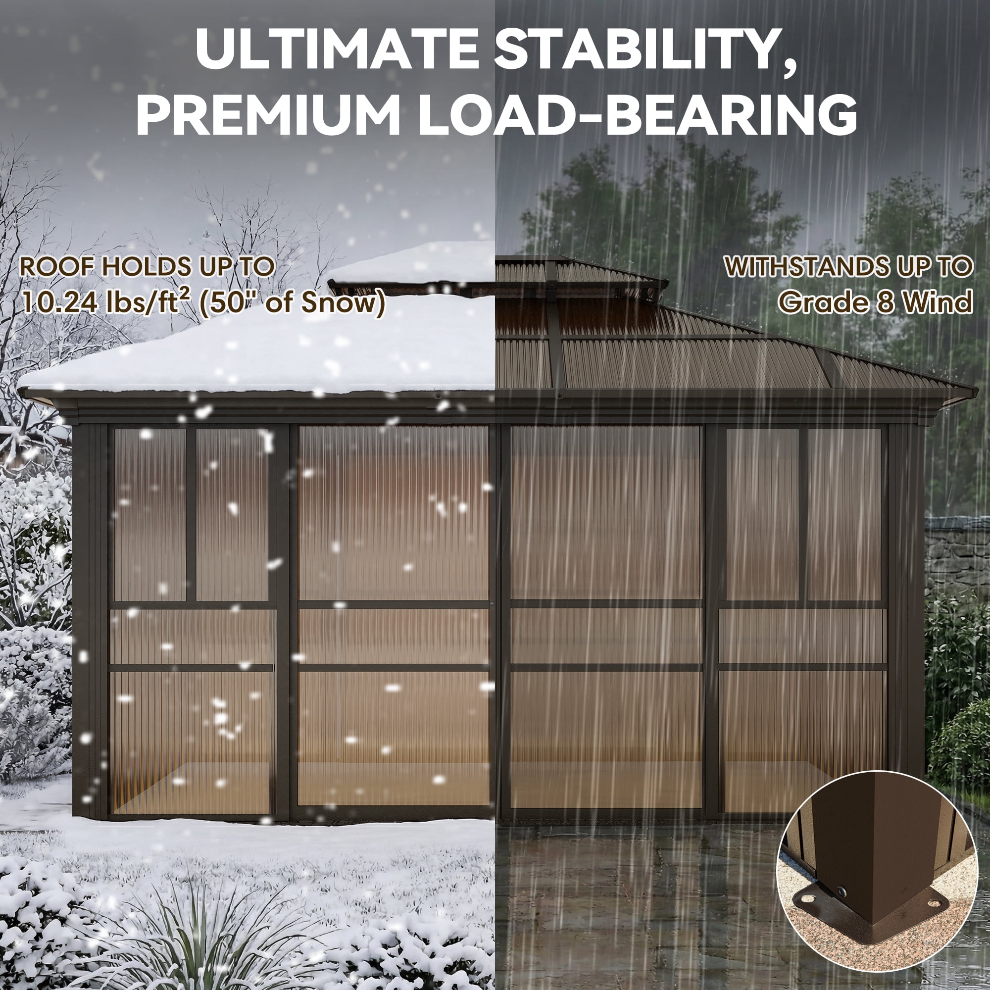 Hommow 12' x 14' Solarium Sunroom, Outdoor Hardtop Polycarbonate Roof Sun Room, Aluminum Frame Tiny House with Lockable Sliding Doors