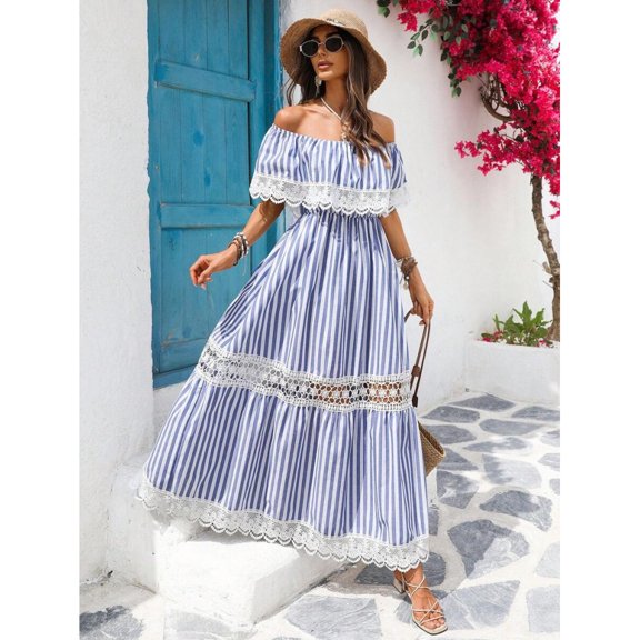 Blue And White Off-Shoulder Striped Maxi Dress With Lace Trim And Smocked Waist