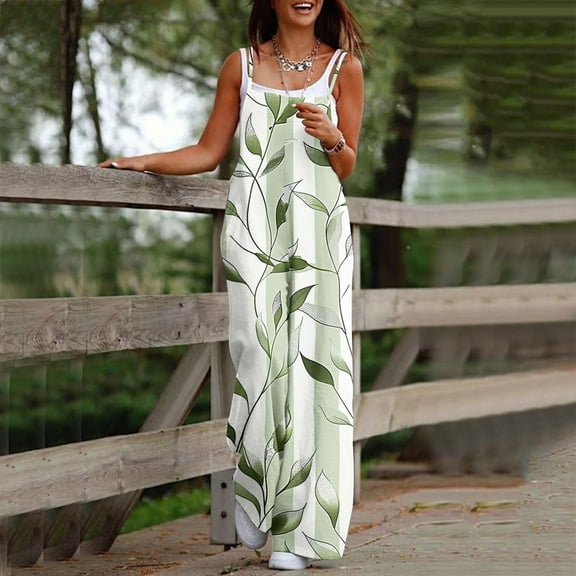 Roncen Women's Floral Print Jumpsuit - Sleeveless High-Waisted Wide-Leg Jumpsuit with Straps & Pockets