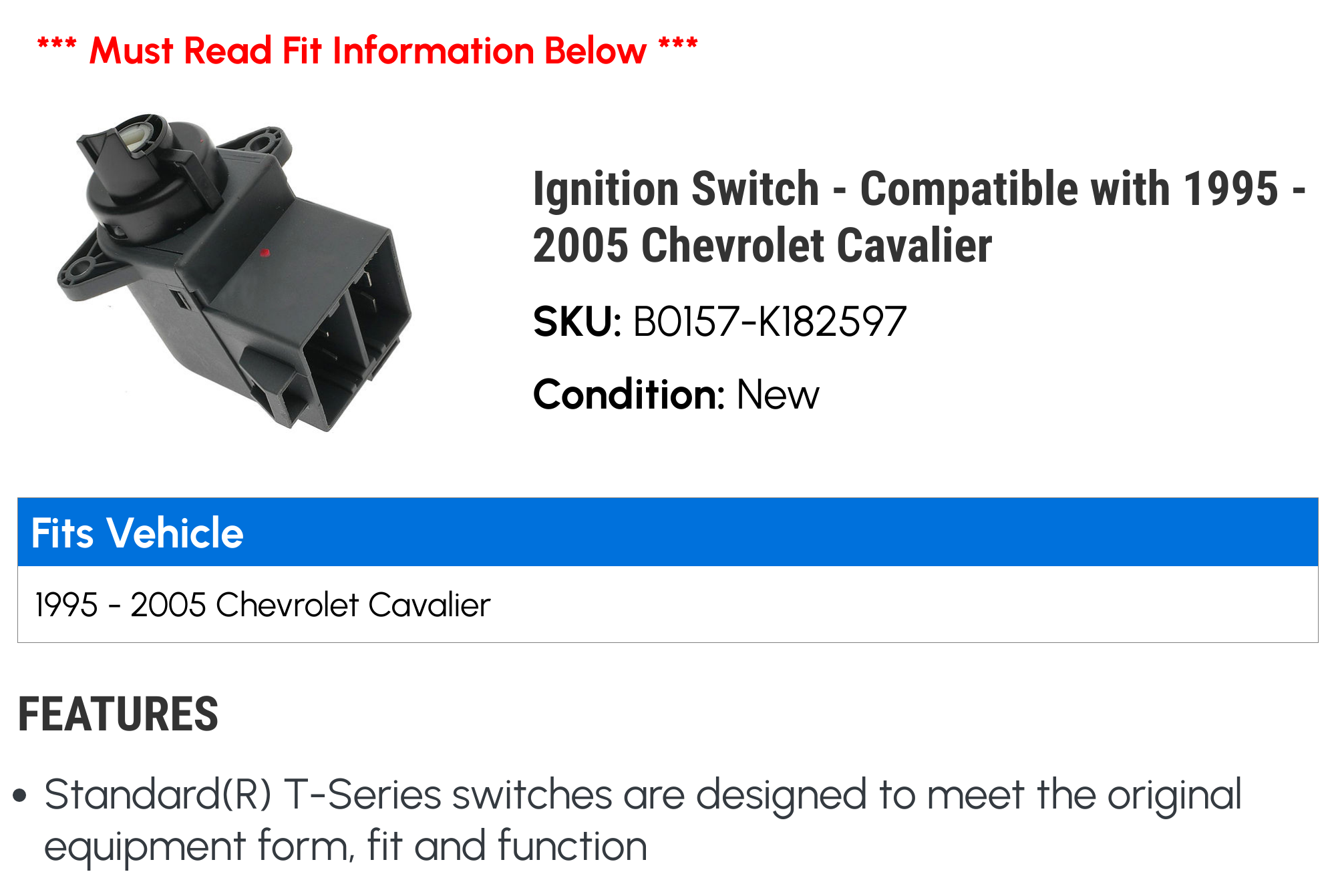 Ignition Switch - Compatible with 1995 - 2005 Chevy Cavalier 1996 1997 1998 1999 2000 2001 2002 2003 2004