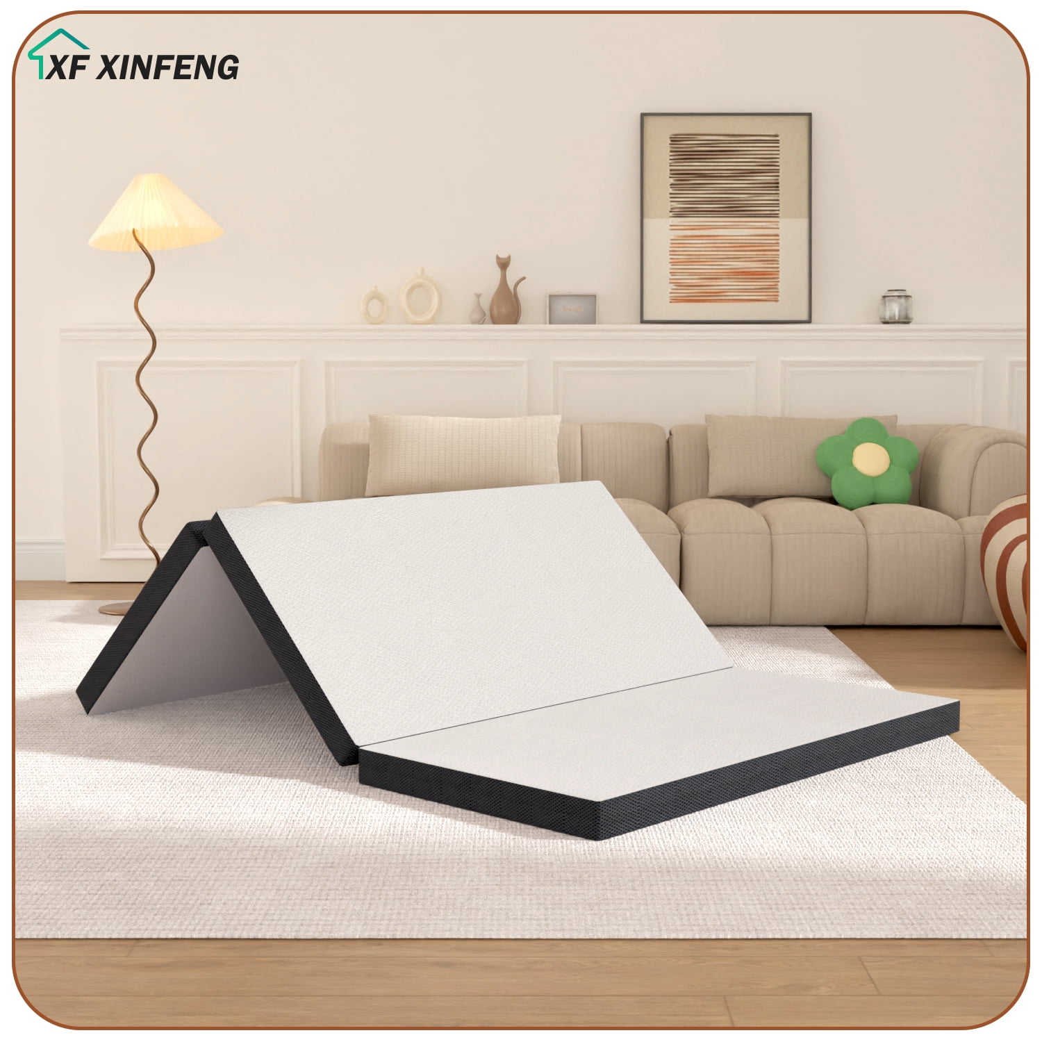 XF XINFENG 3 Inch Tri Fold Memory Foam Full Mattress, Portable Foldable, Medium, Topper with Washable, Cover Non-Slip Bottom for Camping Guest Floor RV, White, Full