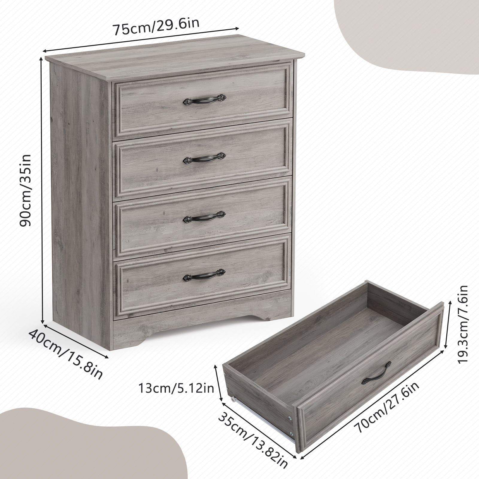 LGHM 4 Drawer Dresser for Bedroom, Gray Wood Chest of Drawers for Living Room
