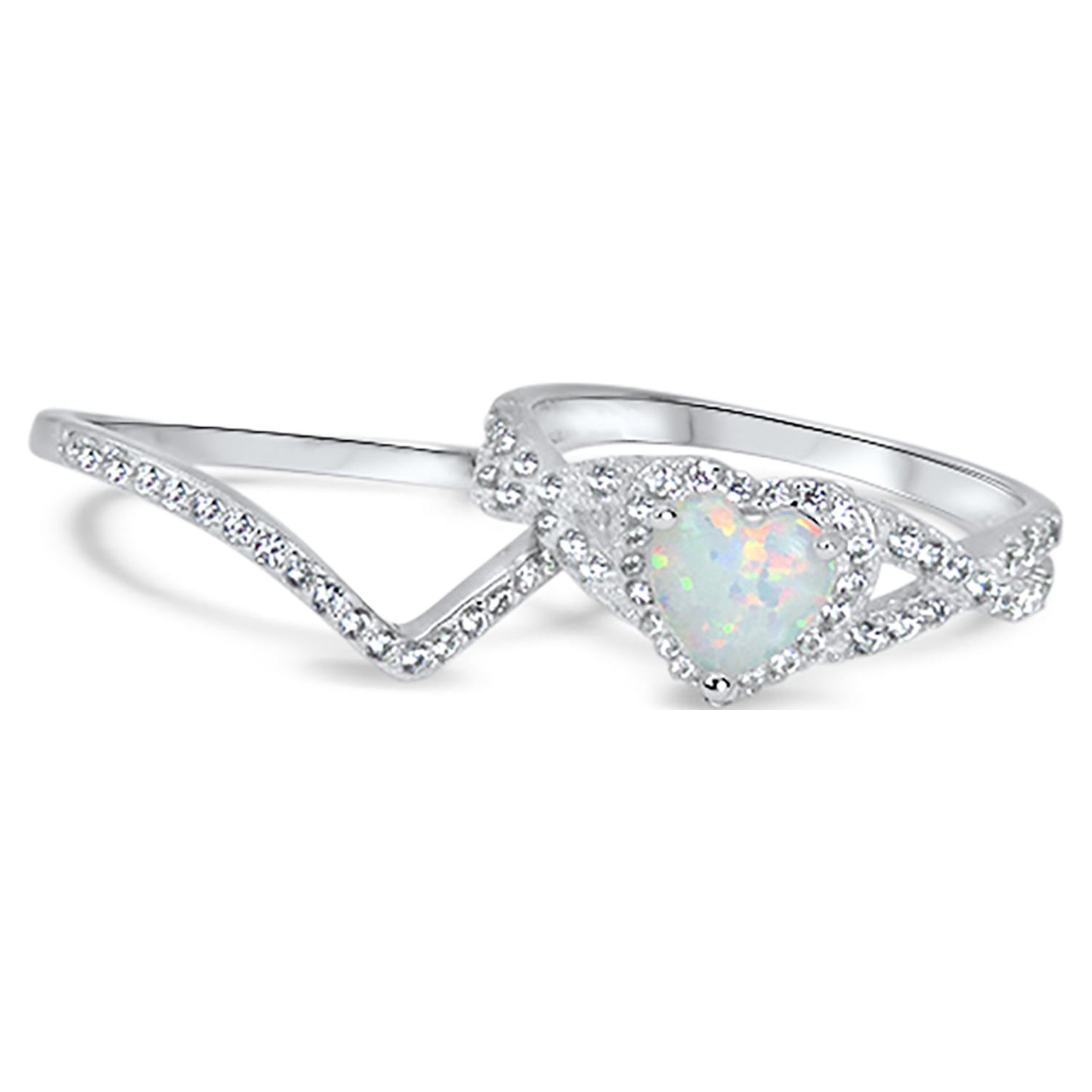 LaRaso & Co Vintage Sterling Silver 1 Carat White Opal Heart Wedding Engagement Ring Set for Women Size 8