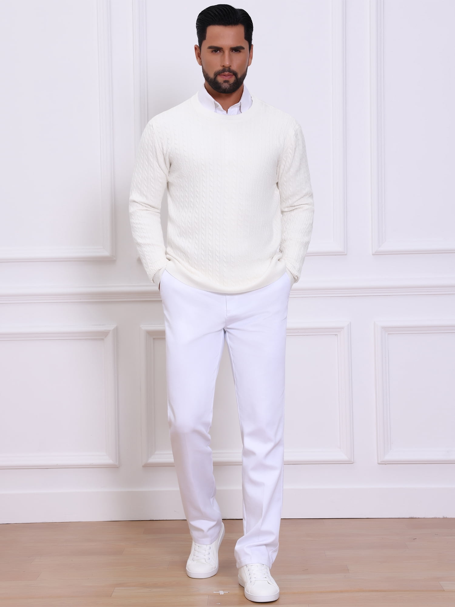 DARING DIVA Men's Crew Neck Long Sleeve Soft Cable Knit Pullover Sweater M White