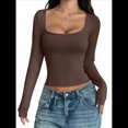 thumbnail image 1 of Camisas de Larga para Mujer, Tops Cortos, Cuello Cuadrado, Camisetas Básicas para Salir, Ropa de Invierno Y2K 2025 Marrón Oscuro M, 1 of 7