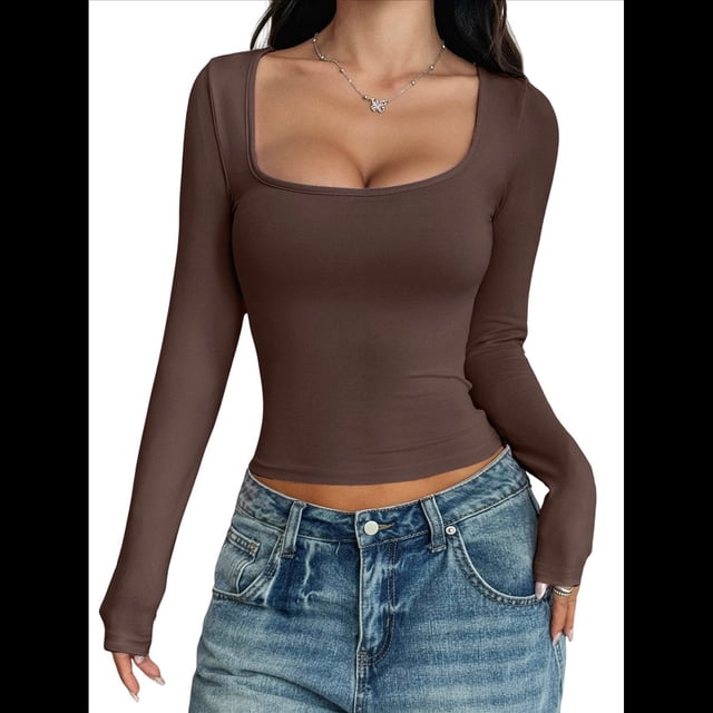 Camisas de Larga para Mujer, Tops Cortos, Cuello Cuadrado, Camisetas Básicas para Salir, Ropa de Invierno Y2K 2025 Marrón Oscuro M