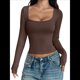 thumbnail image 1 of Camisas de Larga para Mujer, Tops Cortos, Cuello Cuadrado, Camisetas Básicas para Salir, Ropa de Invierno Y2K 2025 Marrón Oscuro M, 1 of 7
