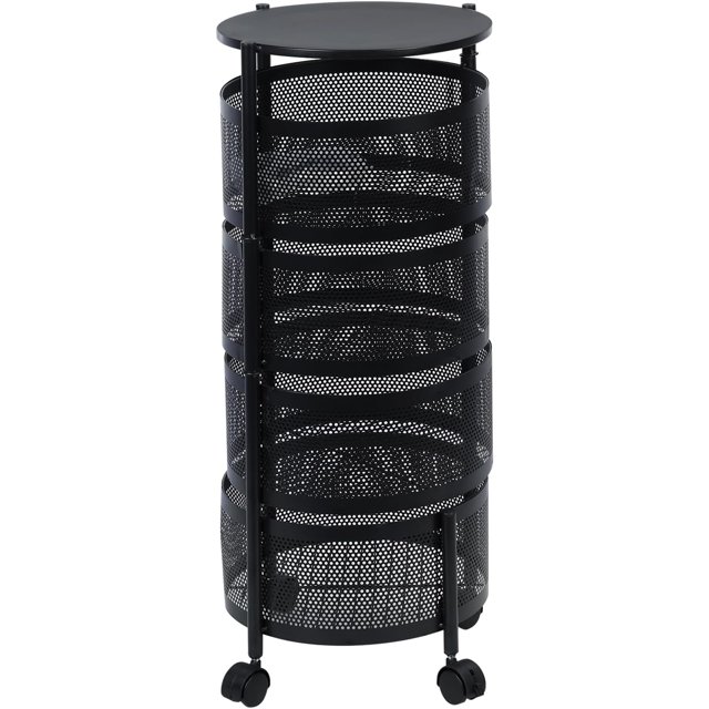 Wekity Kitchen Storage Cart, Large Storage Rack with 360 Degree Wheels,5 Tier Circular Rotating Basket, Fruit Vegetable Metal Wire Shelf with Top Lid Black Four Layer-4649