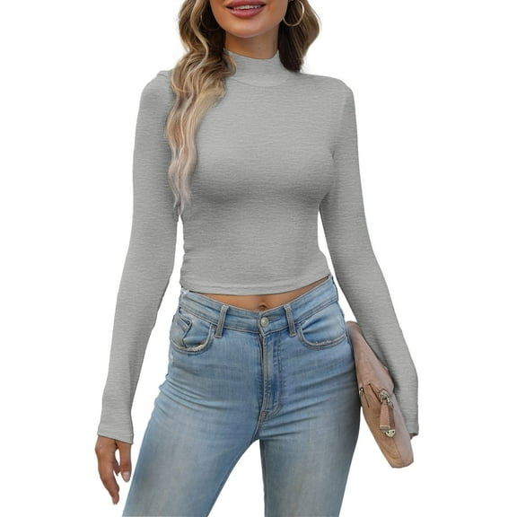 Vafful Women's Long Sleeve Shirts Mock Neck Crop Tops Ribbed Casual Fitted Basic T Shirt for Womens Shirts Solid Crops Tee Top S-XXL Gray