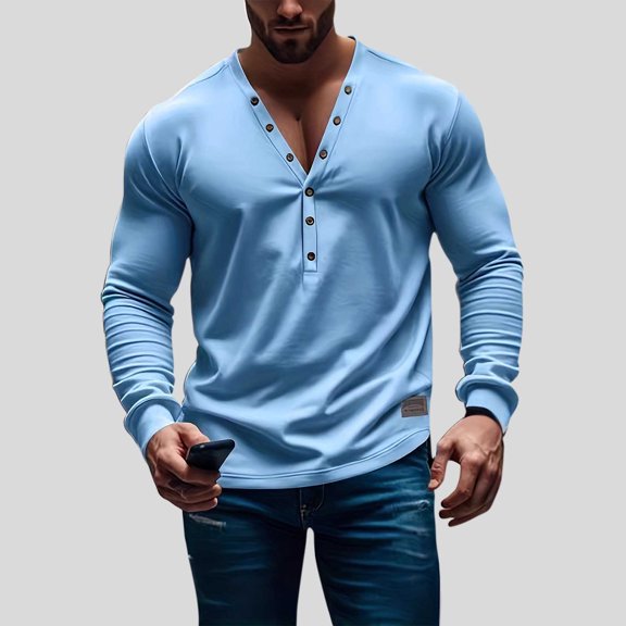Ceisia Men's Spring Gift Casual Solid Color Long-Sleeve V-Neck Half Button Pullover - Fashion Fitness Sports Daily Top