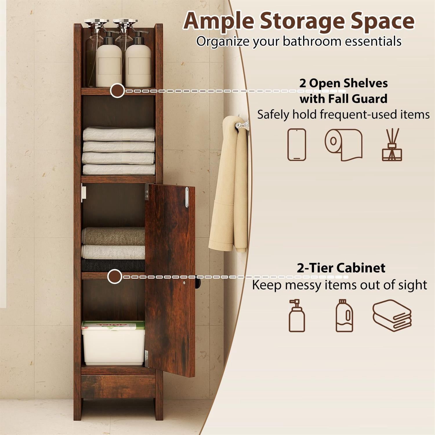 Spaco Rustic Brown Slim Bathroom Corner Cabinet, 1 Door & Adjustable Shelves with Rustic Finish