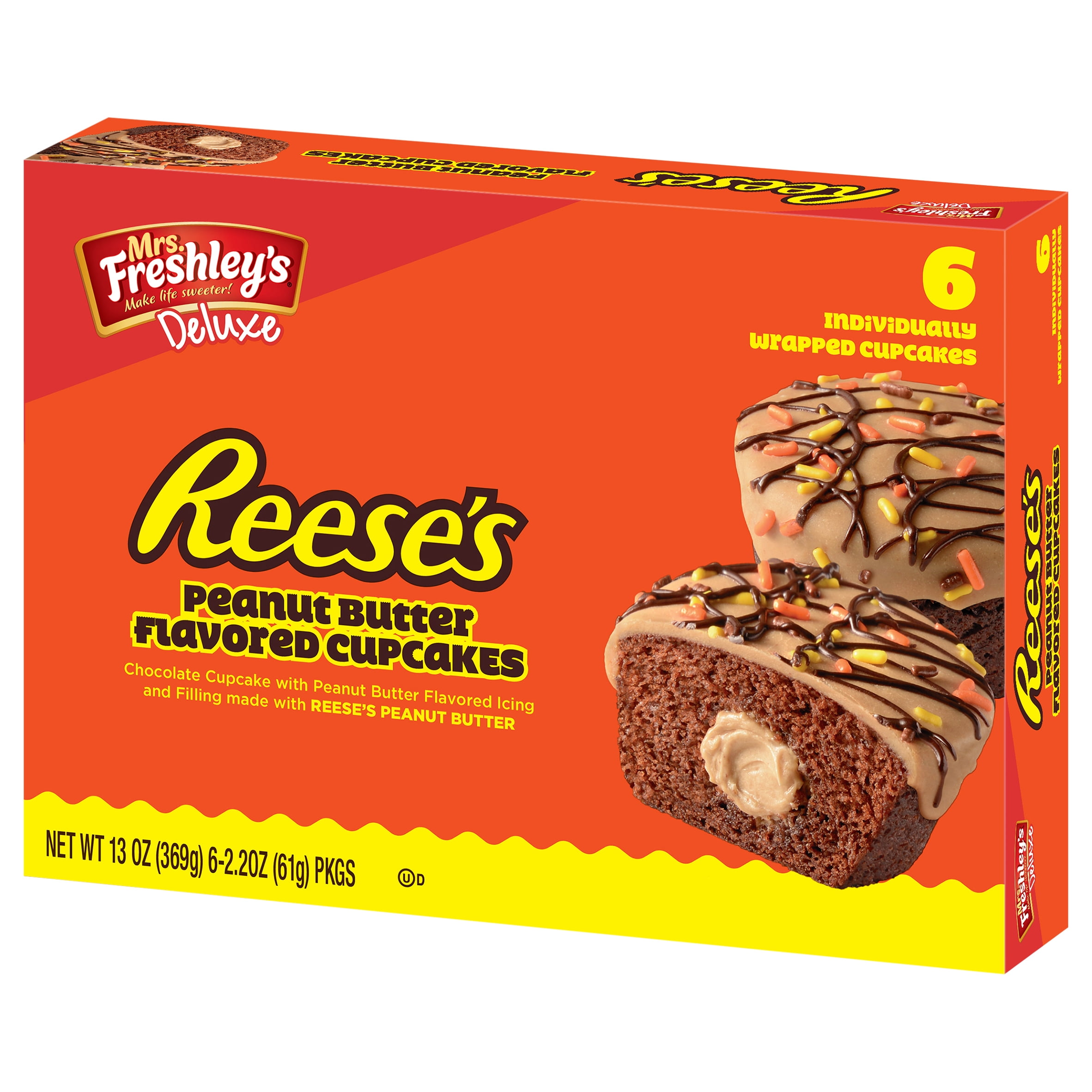 Mrs. Freshley's Deluxe Reese's Peanut Butter Cupcakes, 6 Count, 6 Individually Wrapped Snack Cakes, Shelf-Stable