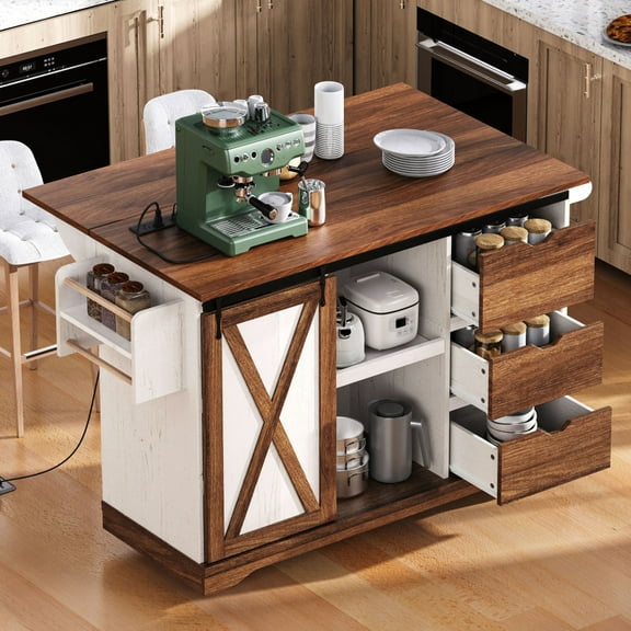 55.5" Kitchen Island with Power Outlet and Drop Leaf, Kitchen Island on Wheels with 3 Drawers and 1 Barn Door, Rolling Kitchen Cart Islands Table with Spice Rack, White
