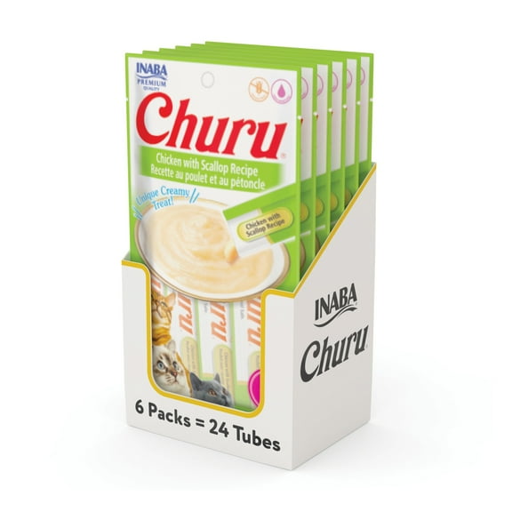 INABA Churu Creamy, Lickable Purée Cat Treat w Taurine, 0.5 oz, 24 Tubes, Chicken w Scallop Recipe