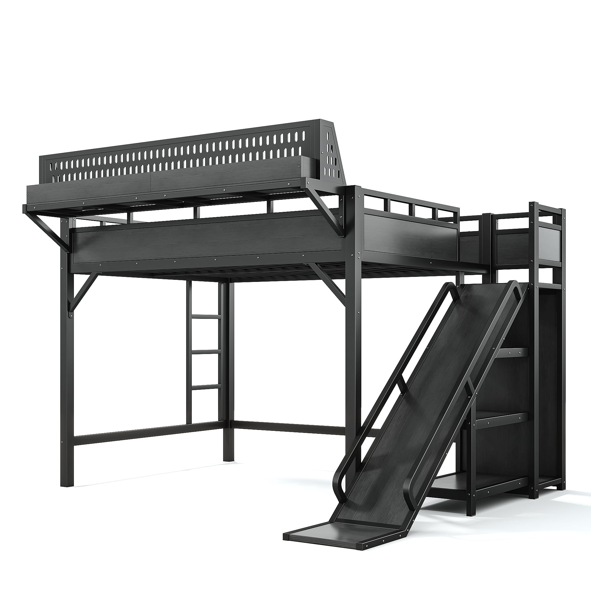 Queen Size Metal Loft Bed with Slide and Storage Shelves, Built-in Wardrobe and USB Ports with LED Lights for Kids, Black