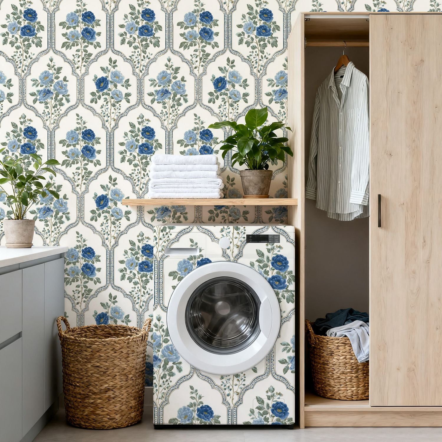 Sage Green Peel and Stick Wallpaper Vintage Blue Floral Arched Green Leaves Wall Mural 17.7in x 9.8ft Self Adhesive Removable Wall Paper Renter Friendly Wallpaper for Girls Bedroom