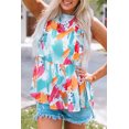 thumbnail image 1 of Women's Sky Blue Brush Print Ruffle Trim Peplum Tank Top, 1 of 17