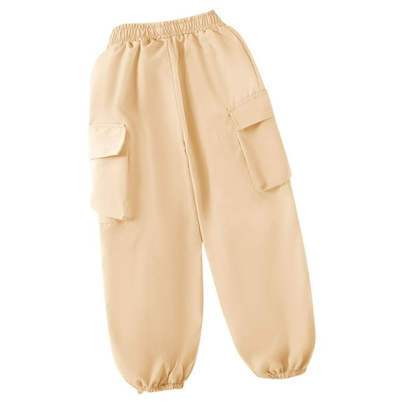 CYRBOKO Girls Cargo Pants, Casual Elastic Waist Soft Loose Jogging Bottoms Beige Size 7 T