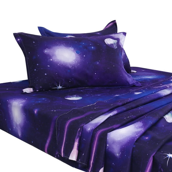 Unique Bargains Galaxy Print Bed Sheets Pillow Cases Bedding Set, Purple, Full