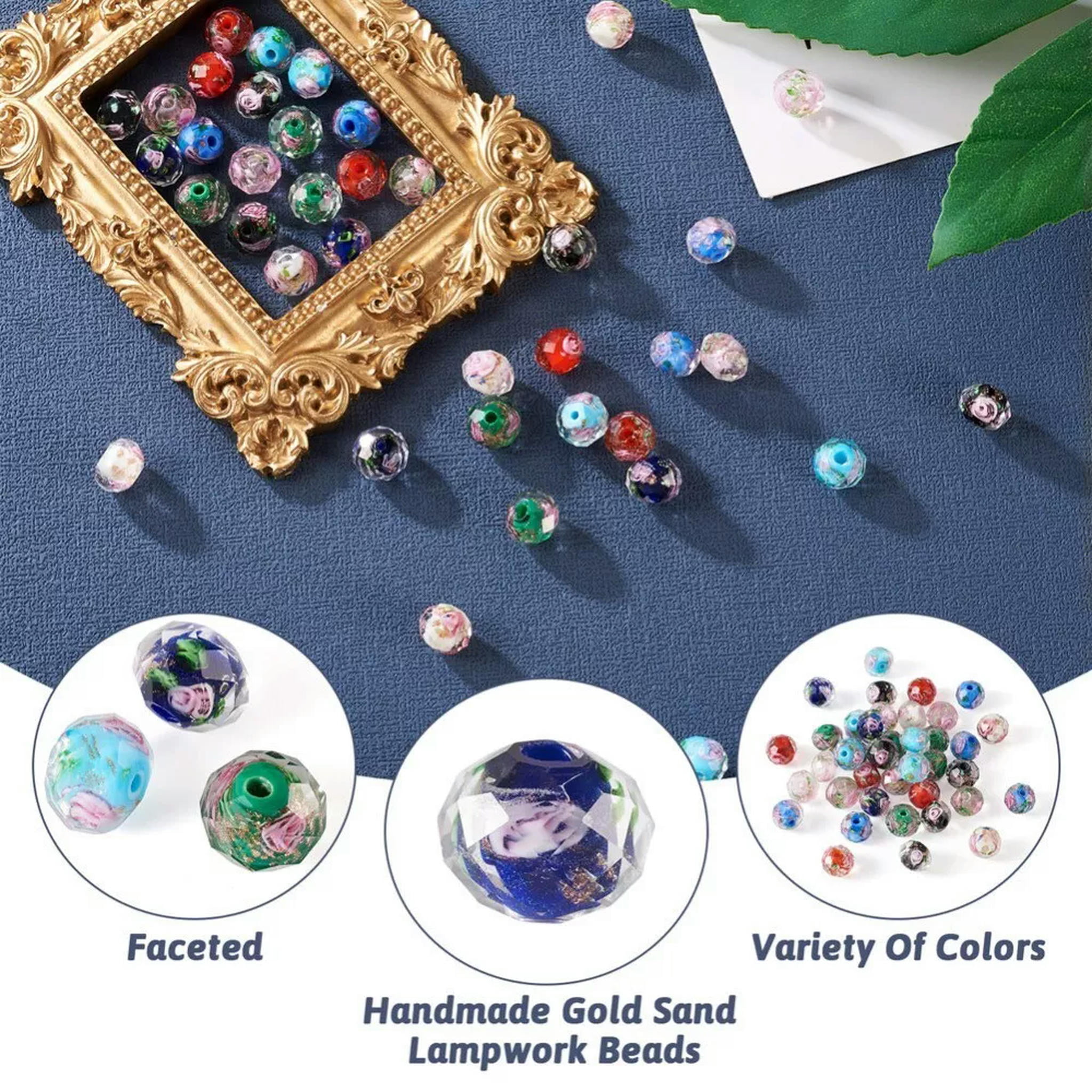 EOEMY 1 Box Inner Flower Faceted Rondelle Handmade Gold Sand Lampwork Beads 9~10X7~8mm