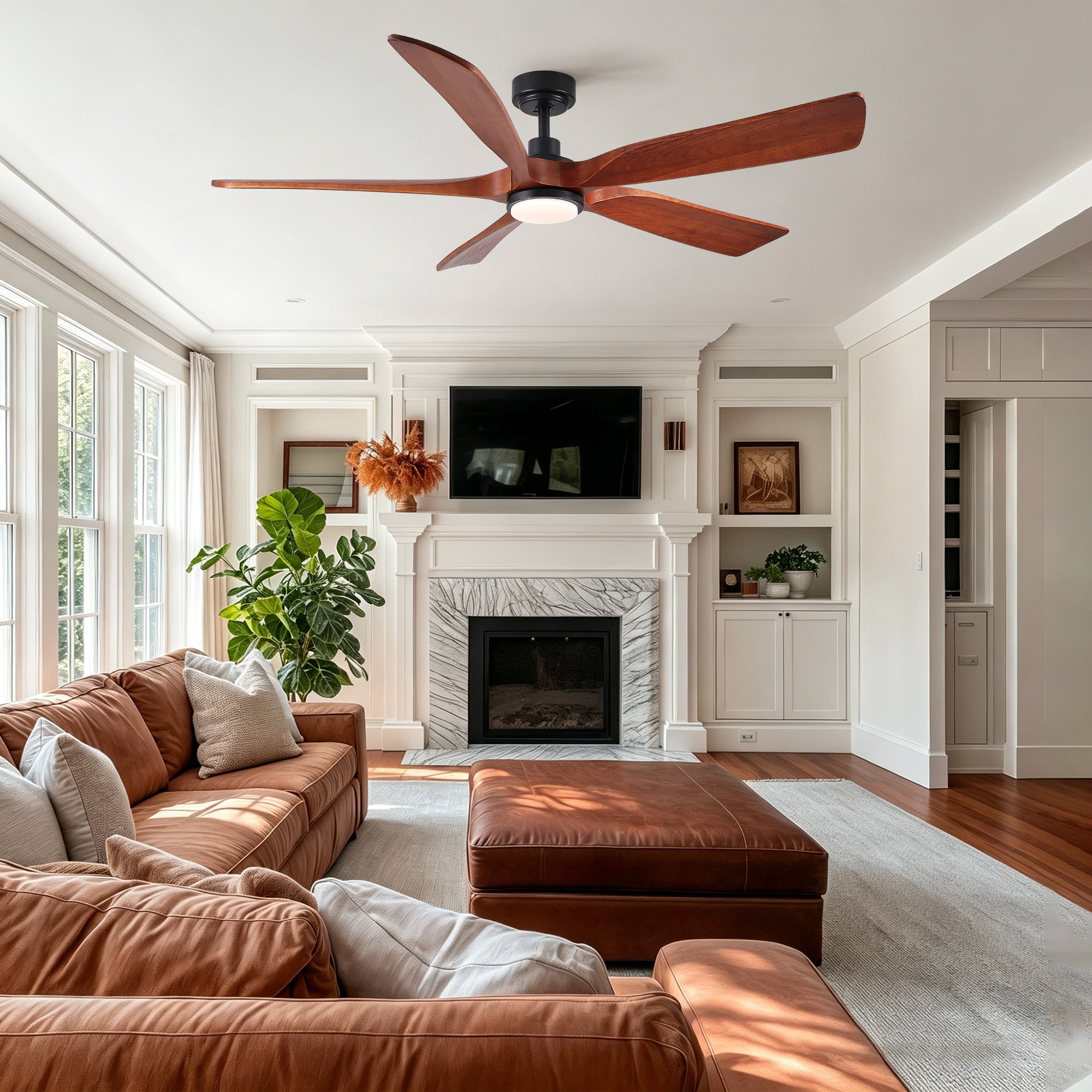 60" Vintage Mahogany Solid Wood Ceiling Fan with Light and Remote Control, Noiseless, Dimmable, 3CCT, 6 Speeds Reversible, Quiet DC Ceiling Fans for Indoor or Covered Outdoor Use