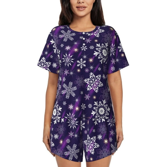 Logiee Christmas Purple Snowflakes Print Womens Pajamas Set,Short-Sleeve Pajama 2 Piece Sleepwear with Pockets-Small