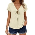 thumbnail image 6 of Tweang Women's Cotton Tops Lapel Long Blouses Tops Roll Up Short Sleeve T-shirt Embroidery Gauze T-shirt for Women V Neck Embroidered Shirt Button Down Plaid Shacket Shirt Loose Fit Tunic Beige L, 6 of 8