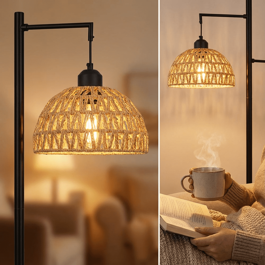 SERBASIC Tree Floor Lamp with 3 LED Bulbs, Boho Rattan Floor Lamp for Living Room and Bedroom, 72" Tall Standing Lamp with Stable Heavy Base, Industrial Farmhouse Decor